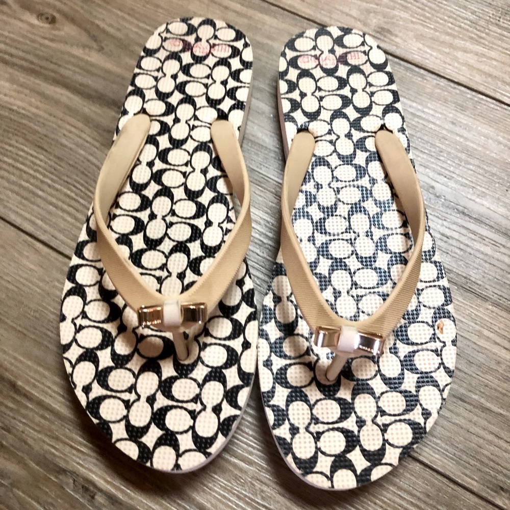 Coach Amel Signature C Black Tan Thong Sandals Bow Flip Flops